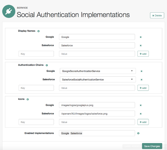 Configuring the Social Authentication Implementations service.