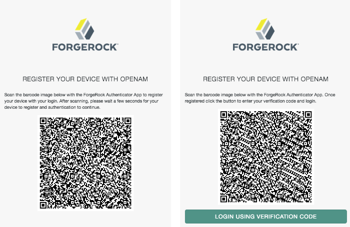 The device registration screens with QR code in the multi-factor authentication process. Push notification on the left, and one-time password (OATH) authentication on the right.