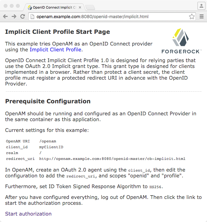 OpenID Connect Implicit Client Profile Start Page
