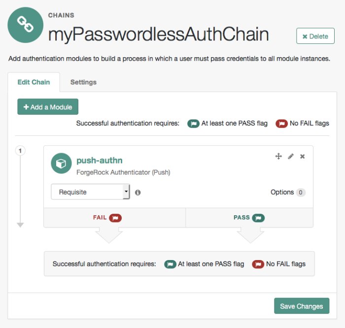 An authentication chain setup for passwordless push authentication.