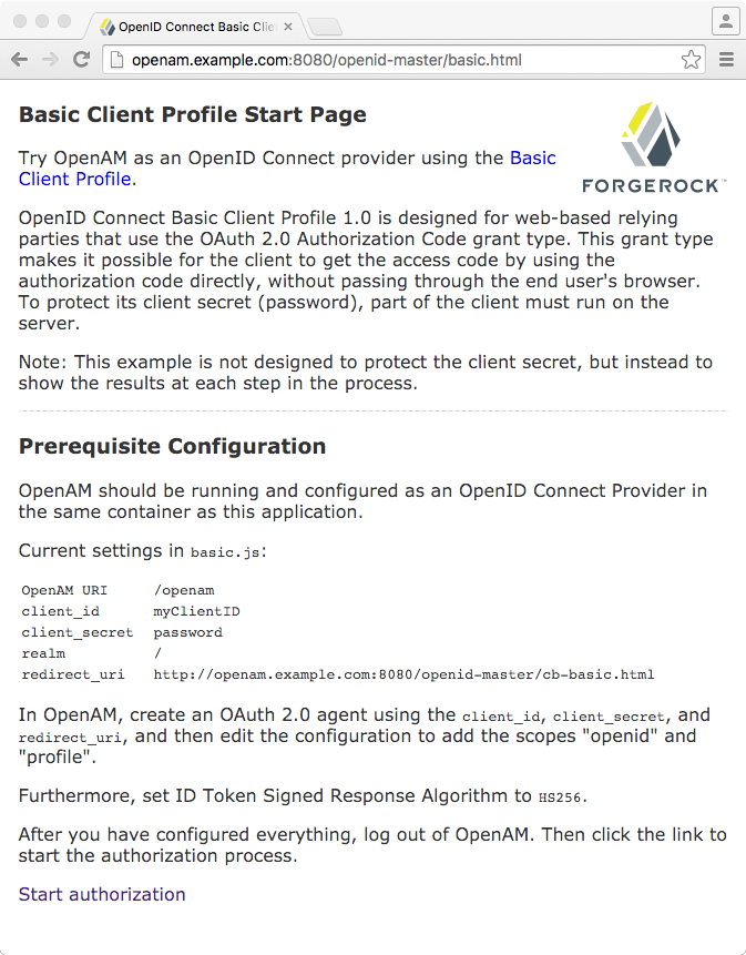 OpenID Connect Basic Client Profile Start Page