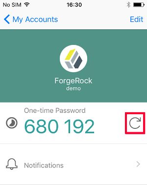 ForgeRock authenticator displaying a new one-time password