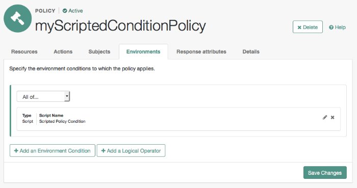Environments for an example policy that uses the default policy condition script.