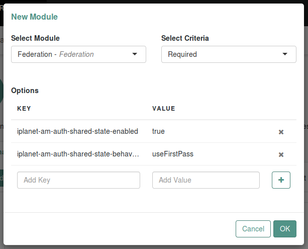 Configuring the second module in an authentication chain in a shared credentials configuration.