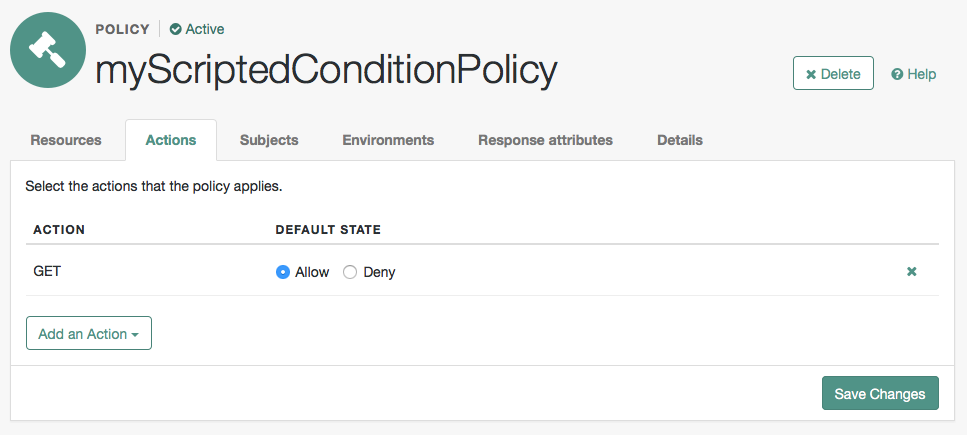 Configure actions to try out the default policy condition script.