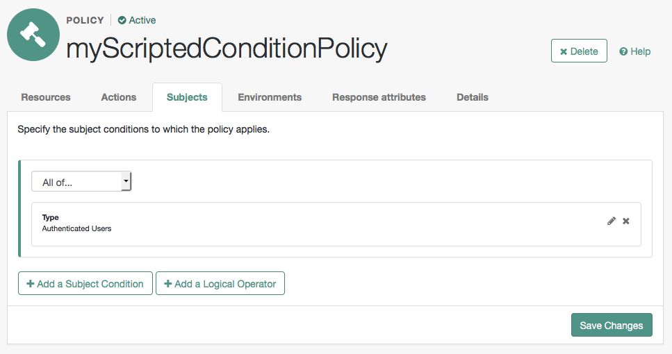 Configure subjects to try out the default policy condition script.
