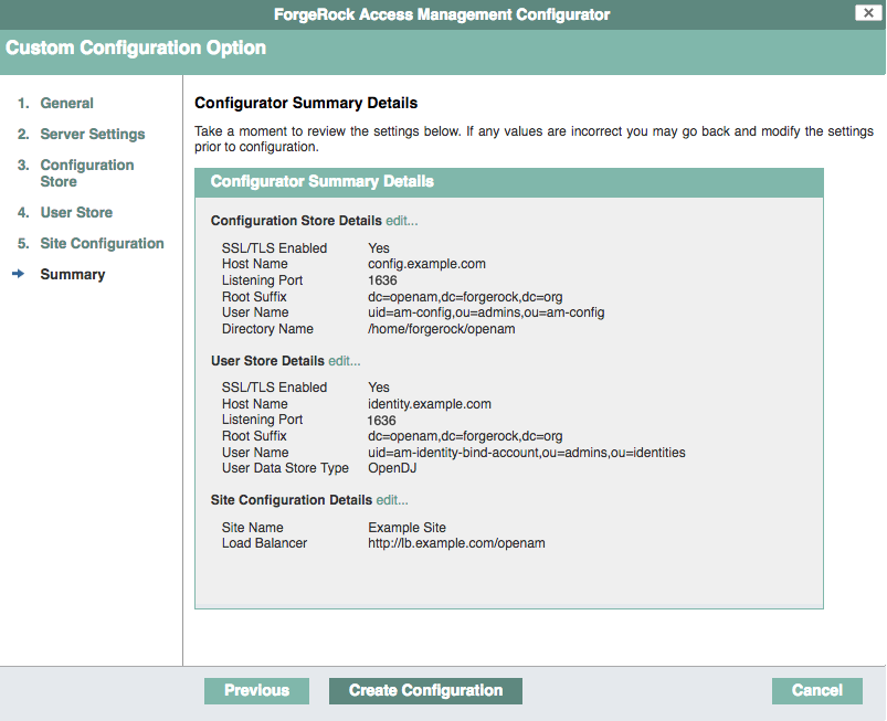 The configuration summary screen shows the choices you made.