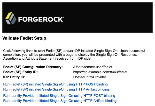 The home page for the demo Fedlet lets you try SP-(Fedlet-)initiated and IDP-initiated single sign-on and single logout.