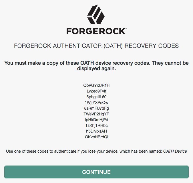 Recovery codes screen