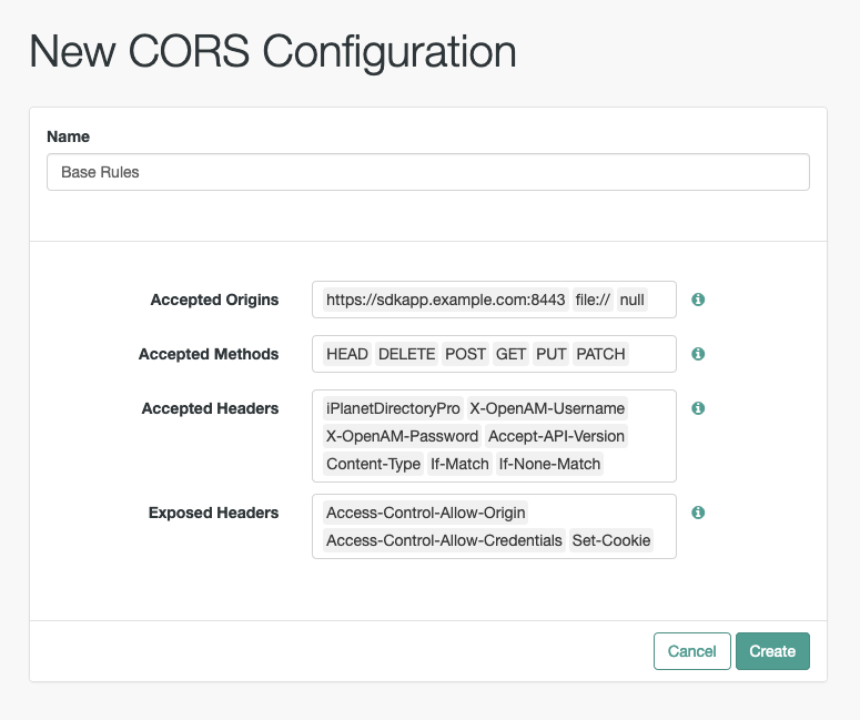 Example of a CORS configuration in the UI.