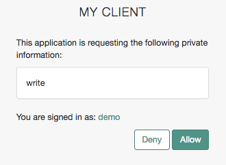 The OAuth 2.0 AM user interface consent screen requesting access to the write scope.