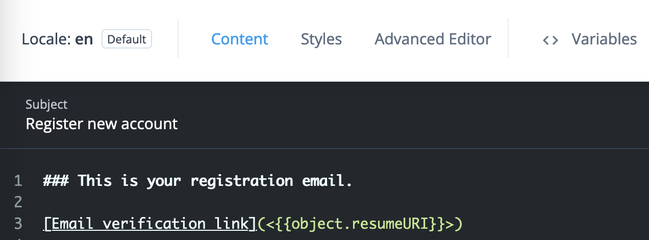 The default registration email template