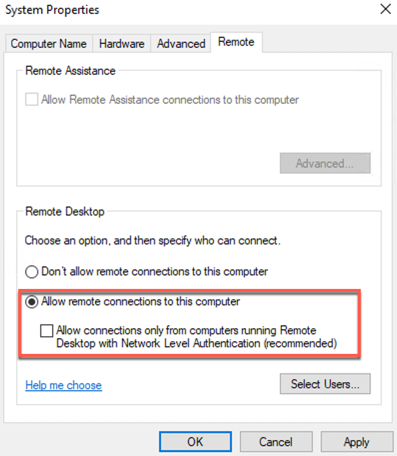 Remote desktop system protection settings