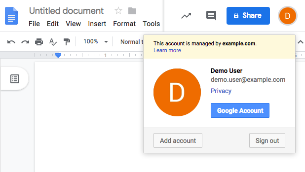 Google Docs showing a federated identity authenticated by Identity Cloud, the trusted IDP.