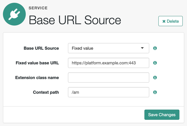 A screenshot showing itsme example configuration details for the Base URL Source service.