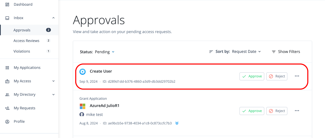 Approver clicks the specific create user request