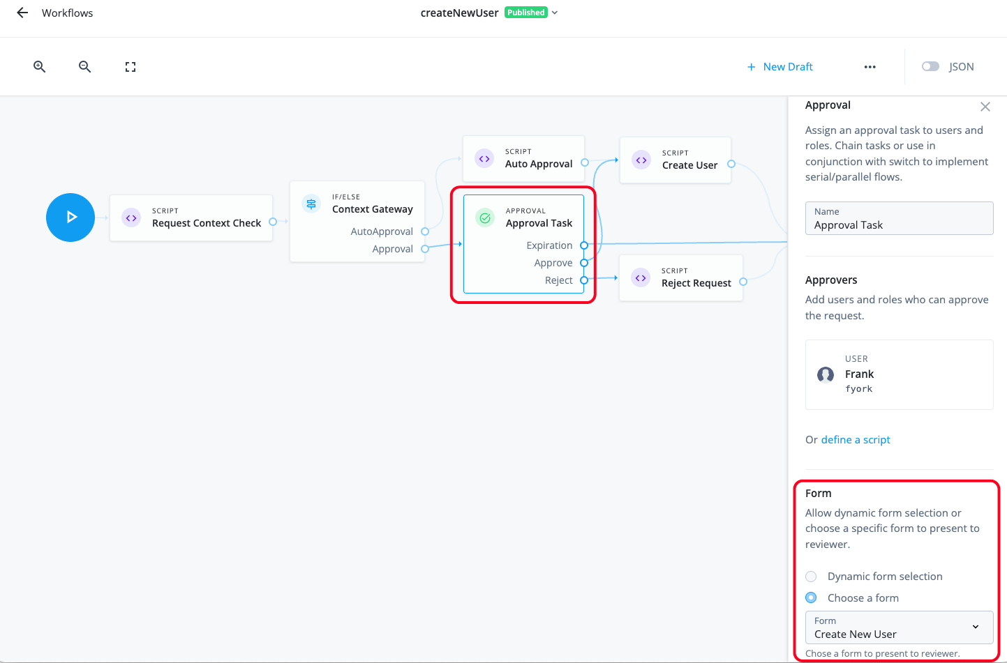 Approval node with choose a form selection