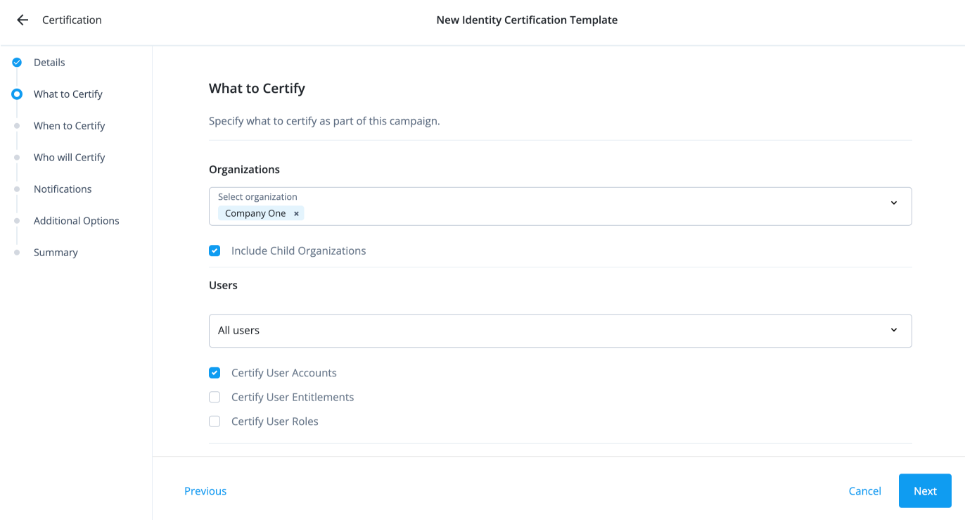 Select an organization on the What to Certify page.
