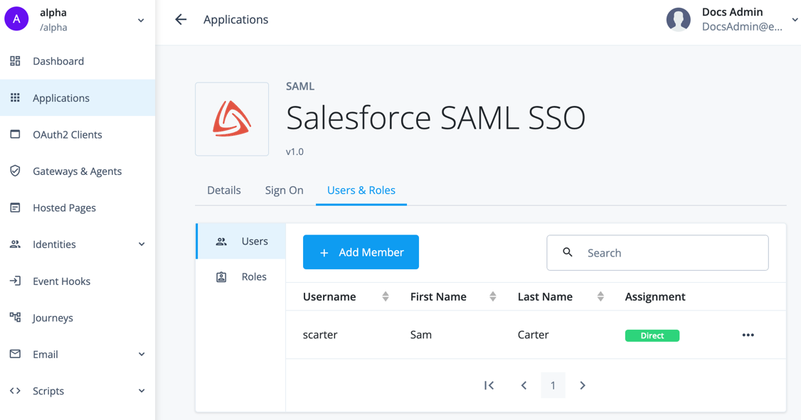 Add a user to the custom SAML Salesforce application
