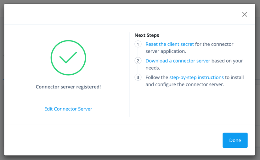 The next steps page after registering a remote server in Identity Cloud