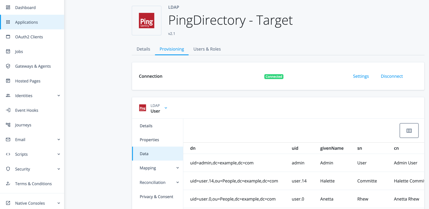 Identity Cloud connected to a PingDirectory server using the LDAP app template
