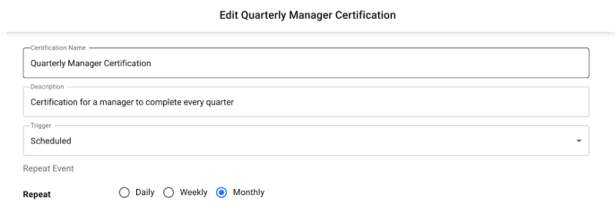 iga edit existing scheduled certification