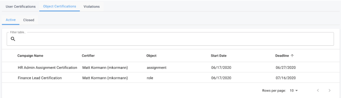 iga object certifications table