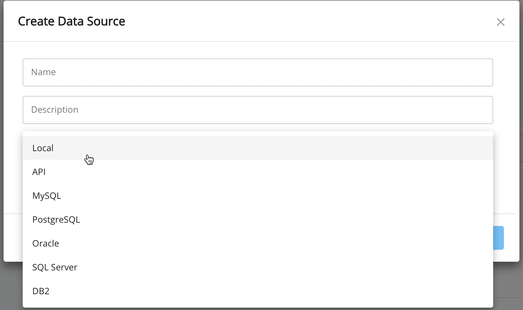 Data source types in the "Create New Source" page