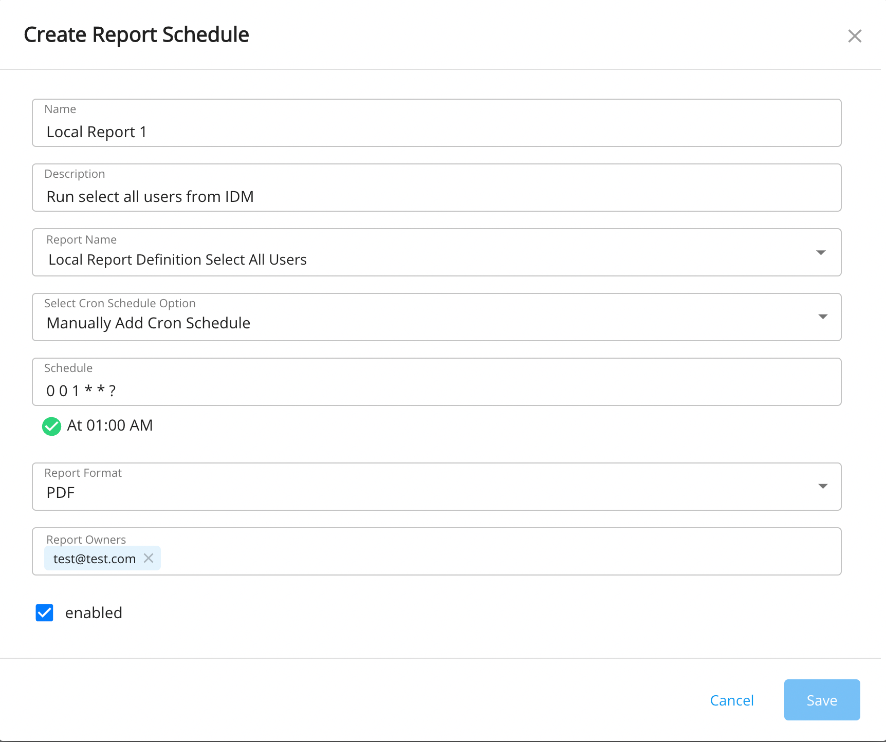 Create report schedule with cron format