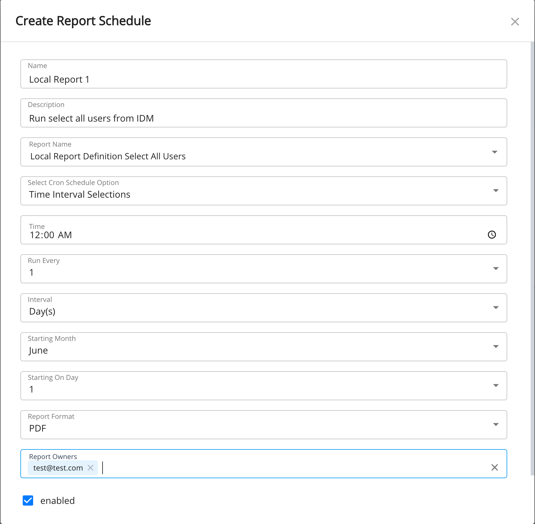 Create report schedule with time interval selection