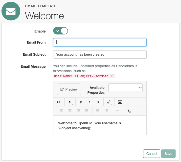 Email Settings > Templates > Welcome