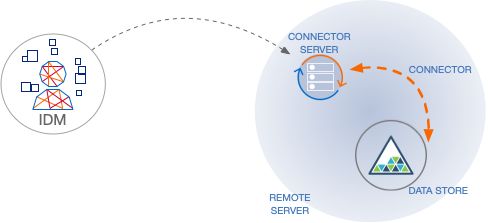 Diagram shows IDM accessing a remote connector through a connector server in server mode.