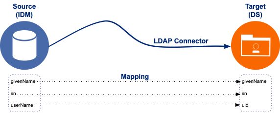 Diagram shows a source IDM resource, connected to a target DS resource, using the LDAP Connector.