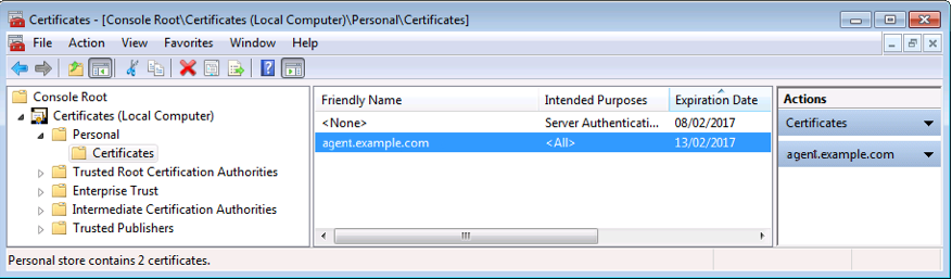 Friendly name of the client certificate imported into the Windows certificate store.
