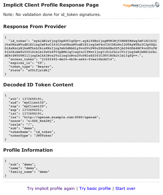 OpenID Connect Implicit Client Profile Response Page