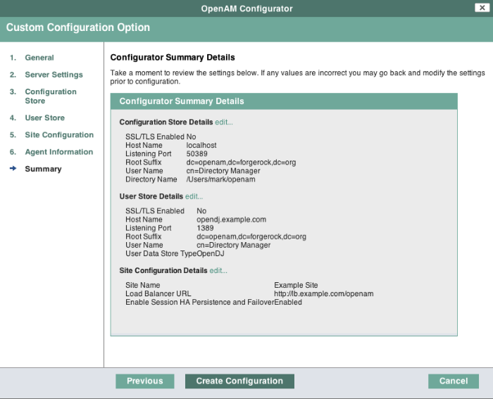 OpenAM configuration summary