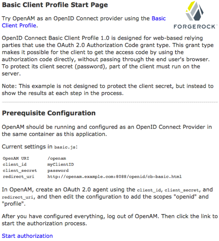OpenID Connect Basic Client Profile Start Page