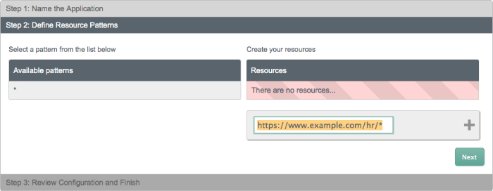 Create resource patterns, with optional wildcards, that policies in this application use.