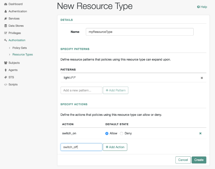 Configuring resource types in the OpenAM console.