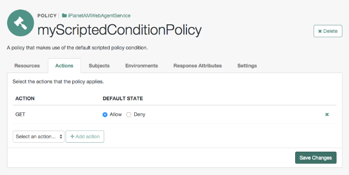 Actions for an example policy that uses the default policy condition script.