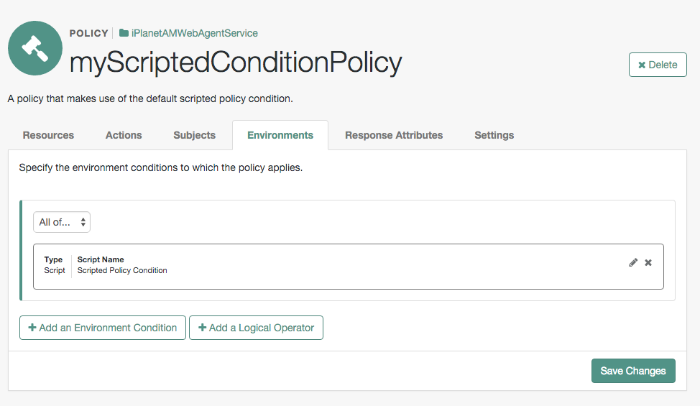 Environments for an example policy that uses the default policy condition script.