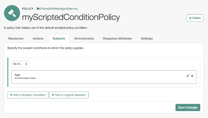 Subjects for an example policy that uses the default policy condition script.