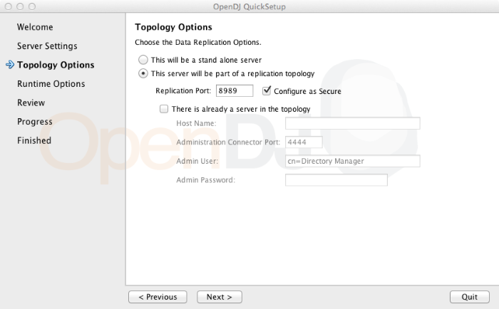 Topology Options screen from the OpenDJ QuickSetup wizard
