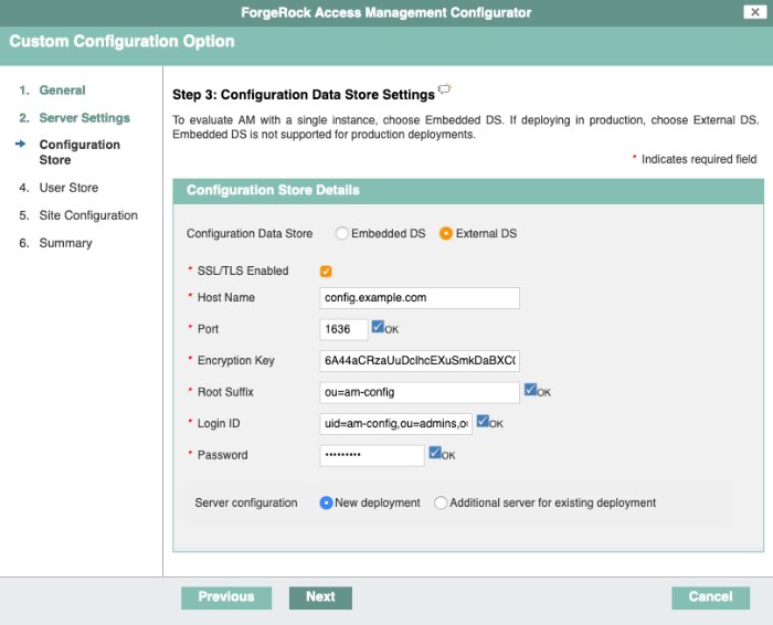 Image shows configuration settings for an external DS configuration store