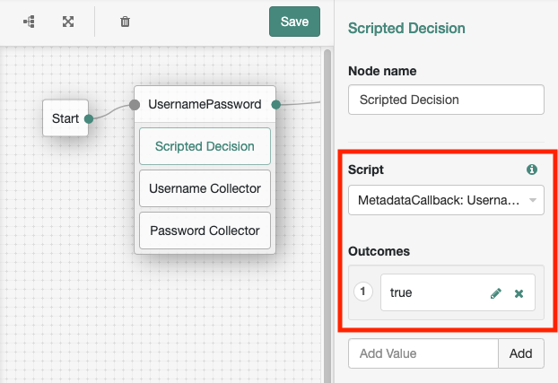 Include the scripted decision node in the page node