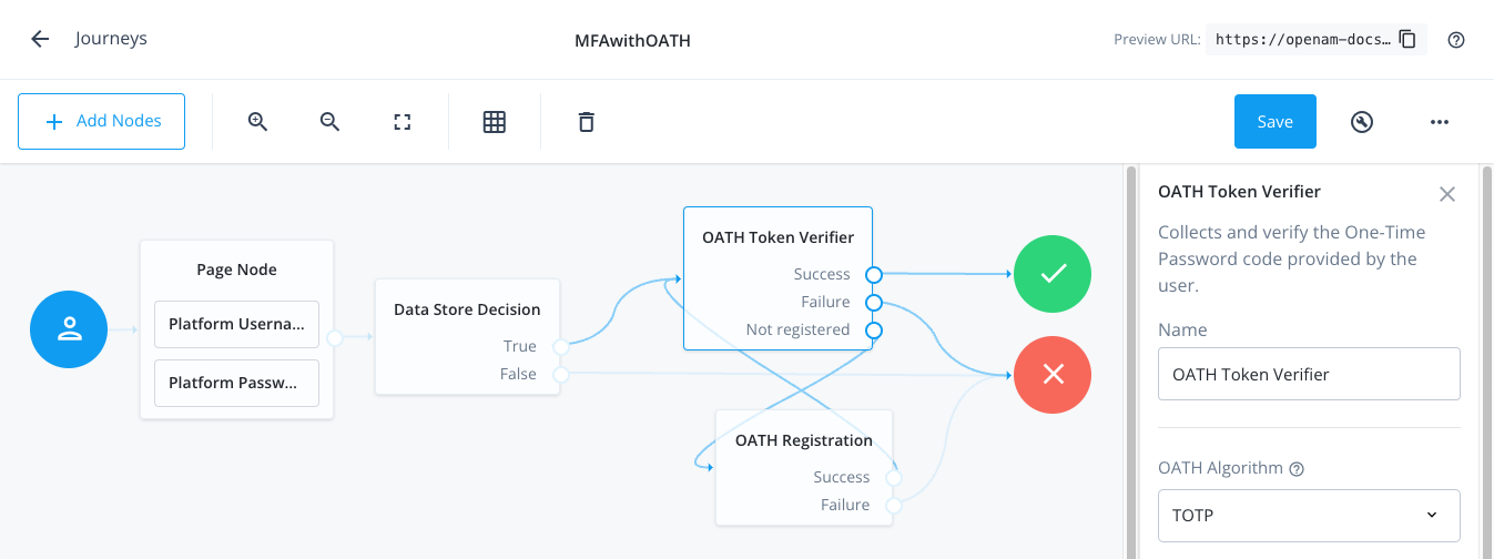 Connect the nodes to identify the user, then verify their OATH token.