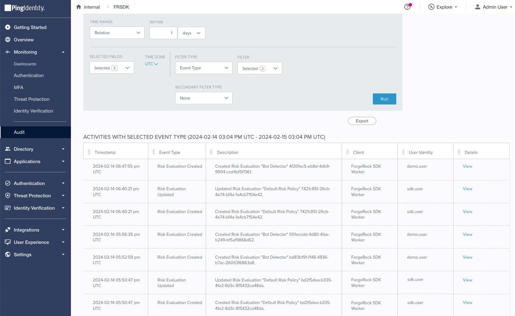 Risk evaluation records in the PingOne audit viewer.